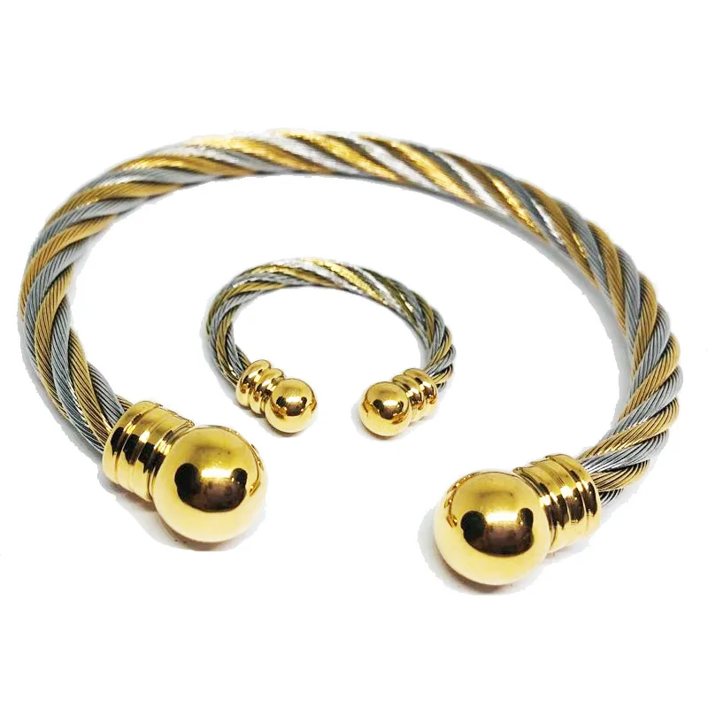 Stainless steel jewelry 2 tone twisted cable wire wrapped retro cuff bangle bracelet