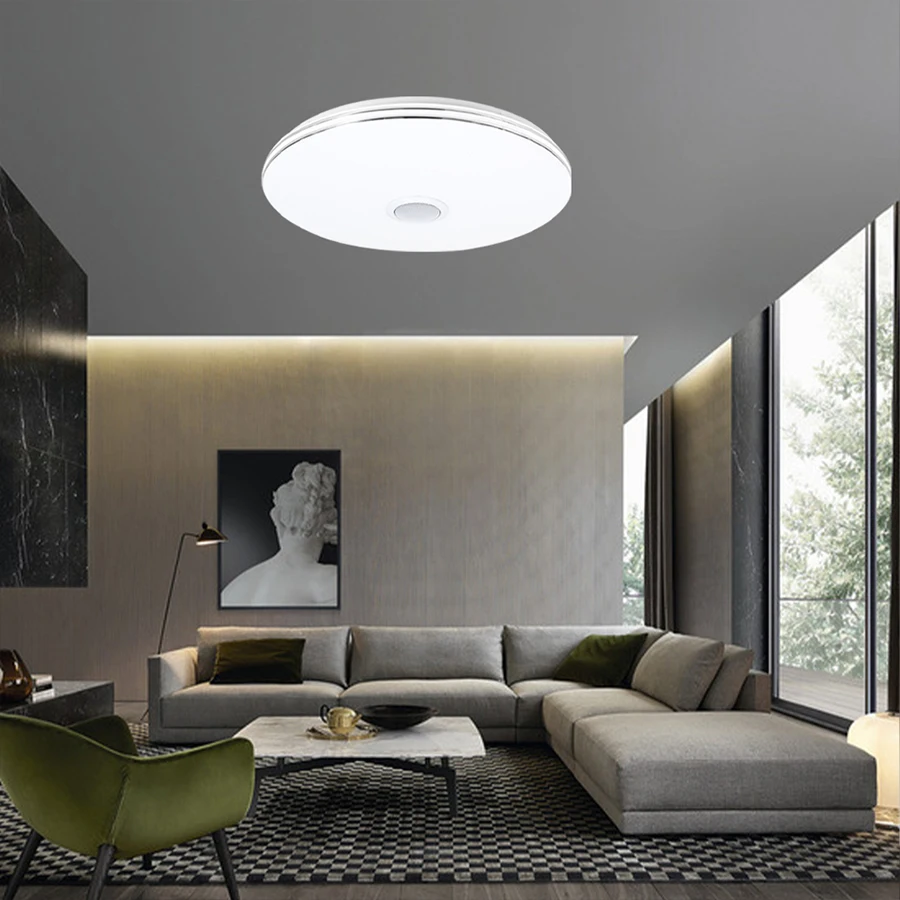 Smart LED Ceiling Lamp with Custom Design Plastic Lampshade Metal Speaker Modern RGB CCT Function for Bedroom White Shade Color