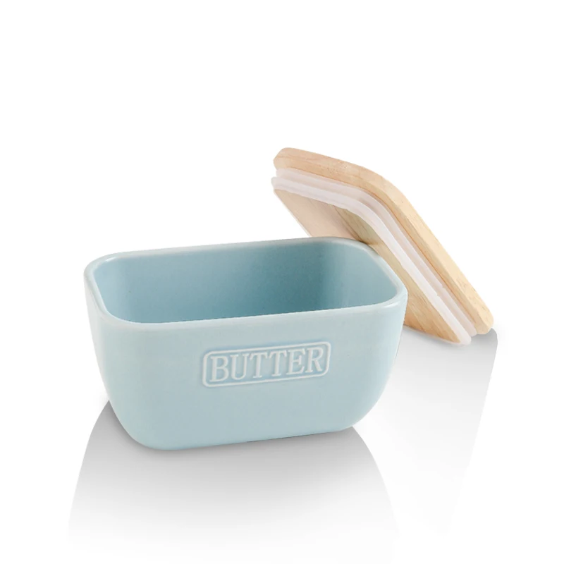 Hot Selling Rectangular Air Tight Ceramic Butter Dish Cheese Butter Keeper With Wooden Lid