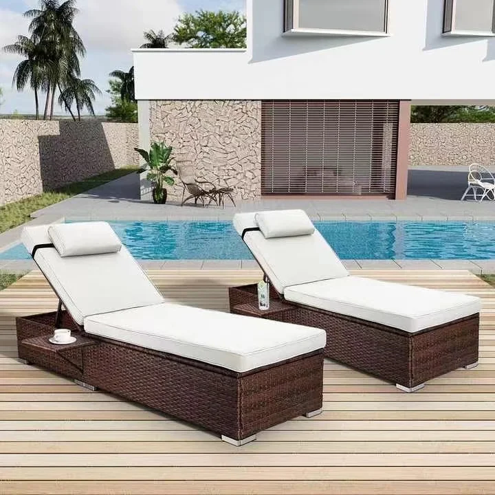 High quality Hotel Wicker Dark Brown Sunbed Patio Sun Lounger Swimming Pool Daybed Chaise Lounge Beach Rattan Reclining Chair