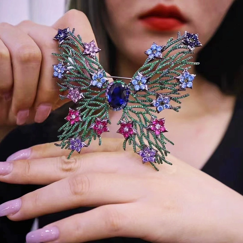 Beautiful 925 Sterling Silver Zircon Jewelry Rings Black Gold Plated Flower Butterfly Open Ring Brooch