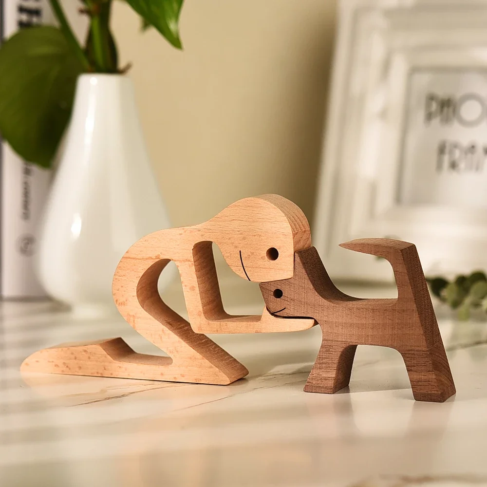 Family Puppy Dog Wooden Craft Figurine Desktop Table Ornament Carving wooden home decor crafts