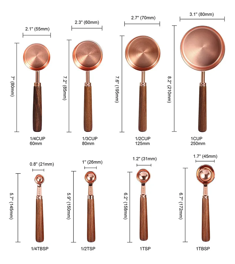 
Walnut Wood Handle rose gold stainless steel copper measuring cups and spoons set 