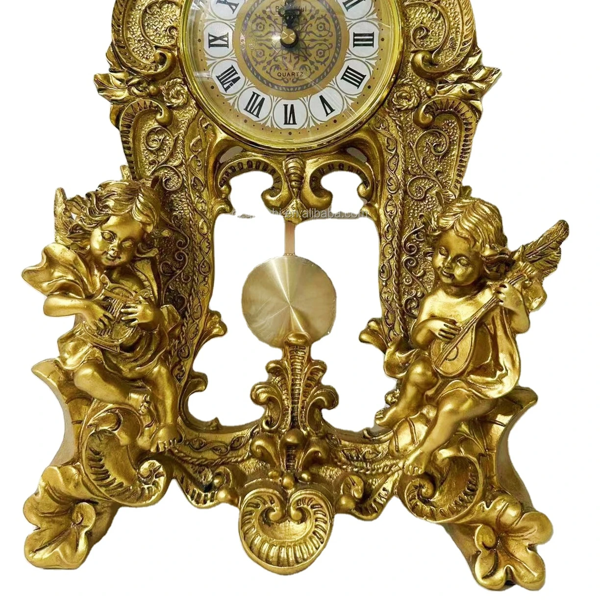 Home Decoration Vintage Pendulum Clock Resin Battery Gold Clock Luxury Antique Crafts Clock