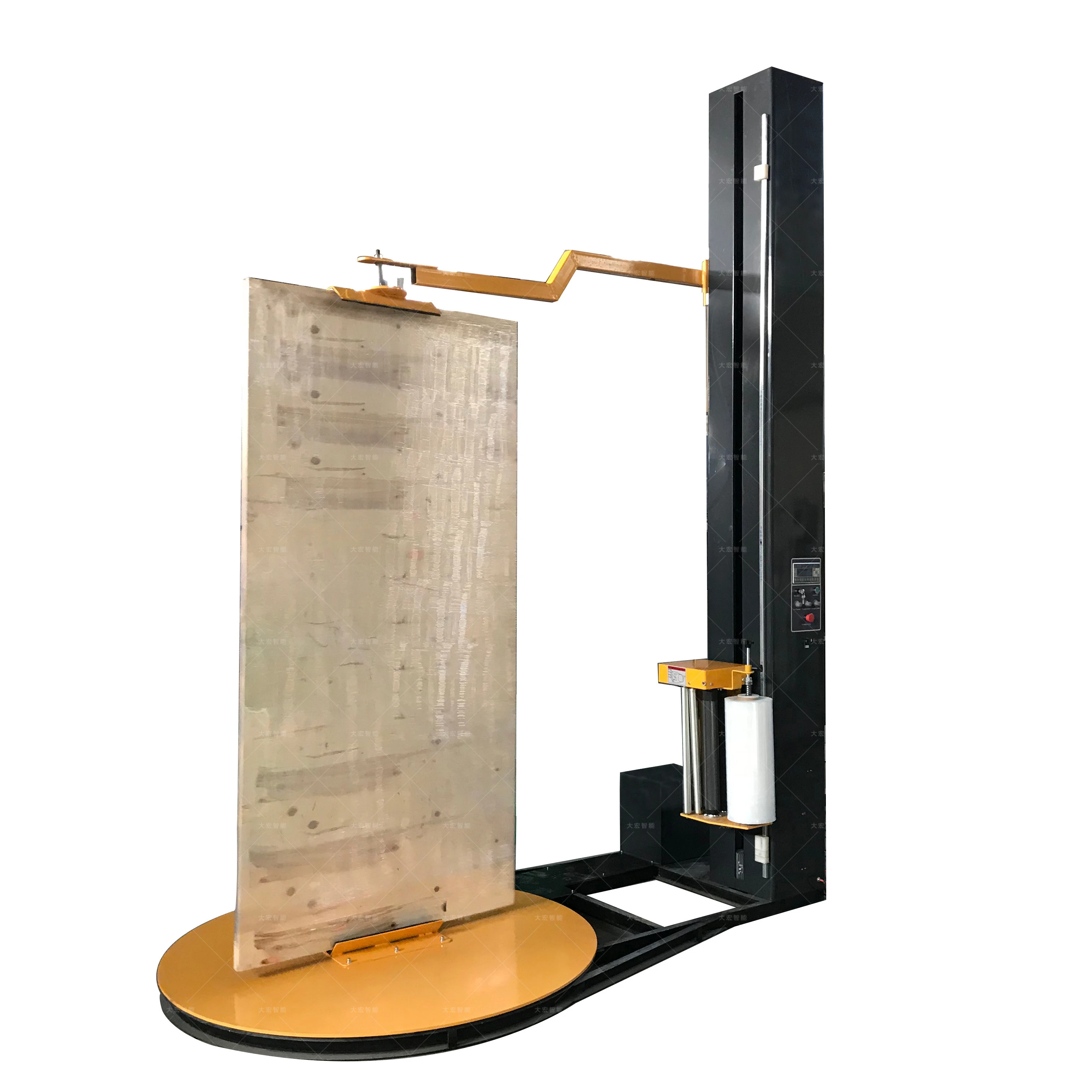 Top plate pre-stretch pallet door wrapping machine