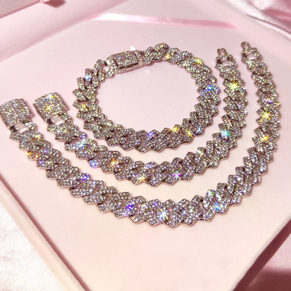 Hip Hop 14MM White Gold Cuban Necklace Setting 5A Zircon Diamond Silver Prong Cuban Link Chain Bracelet Jewelry Set For Women