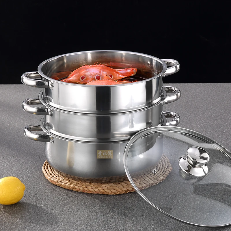 High Quality Stainless Steel Steamer Pot Three Layers Steam Boilers with Glass Lid
