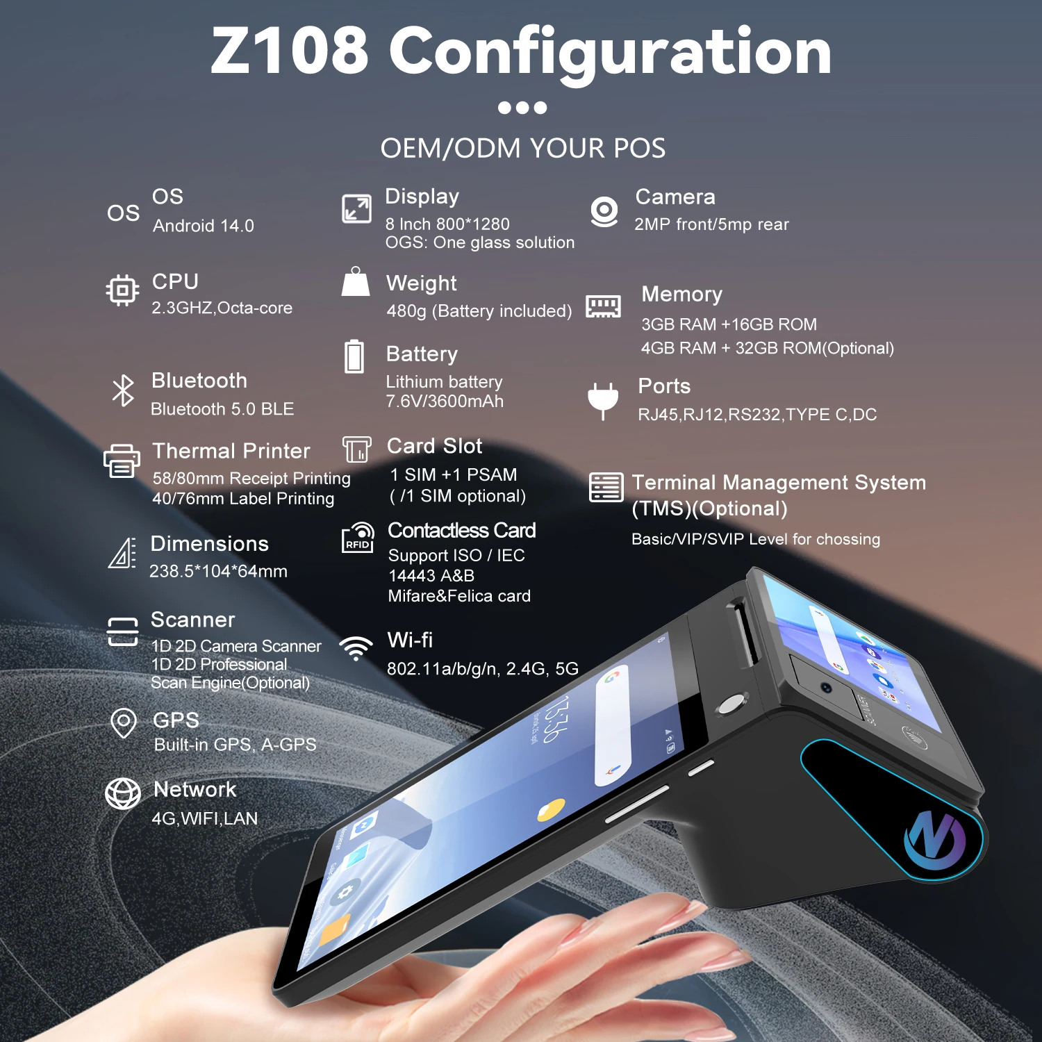 Z108 8-дюймовый Android 13 Wifi терминал Pos ресторан онлайн заказ печатная машина для доставки еды