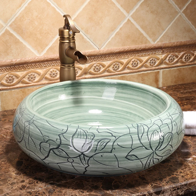 Green Round Jingdezhen Bathroom ceramic sink wash basin Counter Top Wash Basin Bathroom Sinks hand painted ceramics bowls