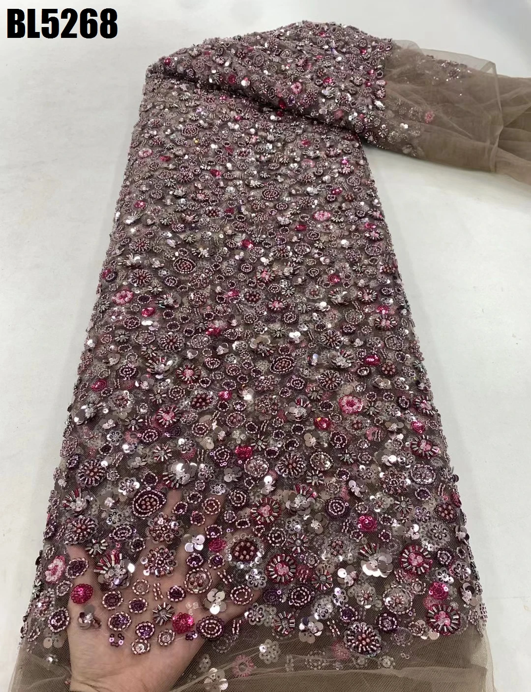 Hot selling United Arab Emirates Dubai Luxury lace fabric Beaded lace with sequins wedding dress embroidered fabric