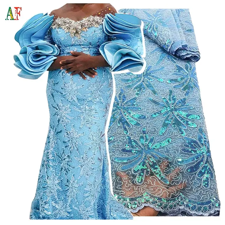 AF Latest African Sequins Net Lace Fabric 5yards Nigerian Women Embroidery Lace Clothing for Party Wedding Gown