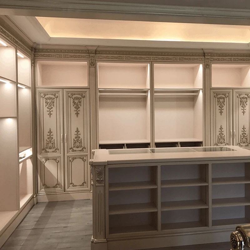 U shape built in island gray wardrobes bedroom king size bed set with 8 doors wardrobe for ladies