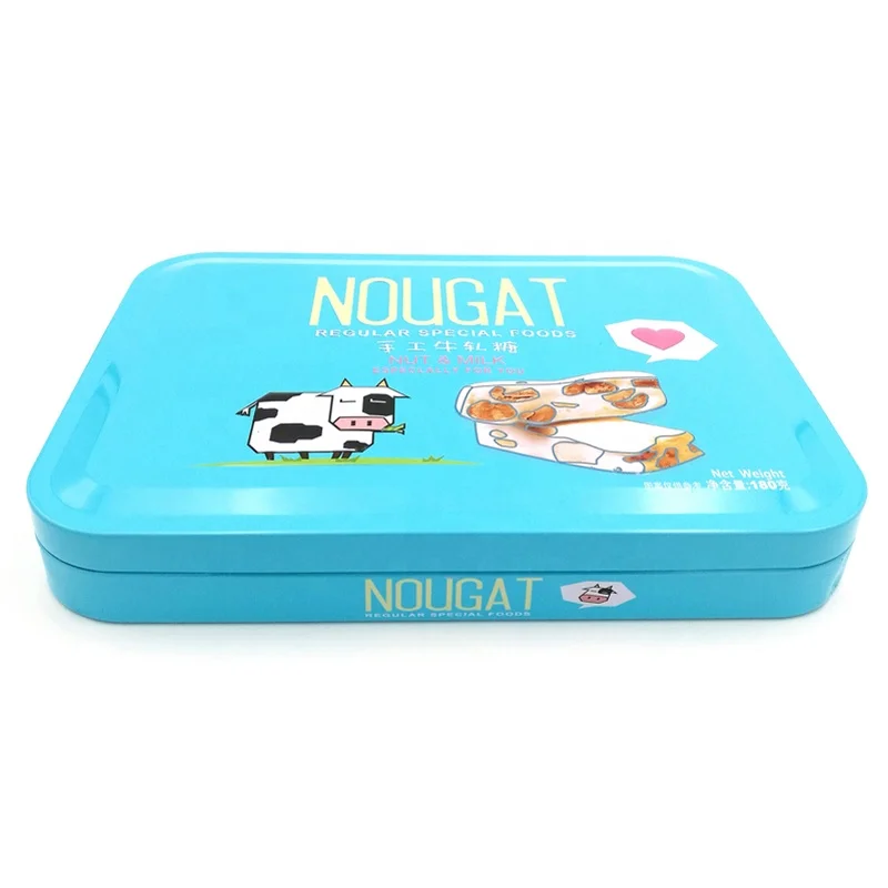 Recycled material rectangle custom printed nougat candy packaging metal box