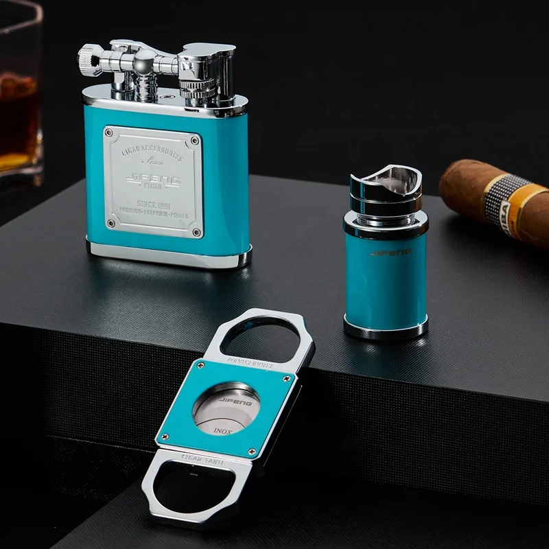JIFENG JF-TZ262 fashion colors metal cigar accessories 3 in 1 set of lighter holder and cutter gift set for business present