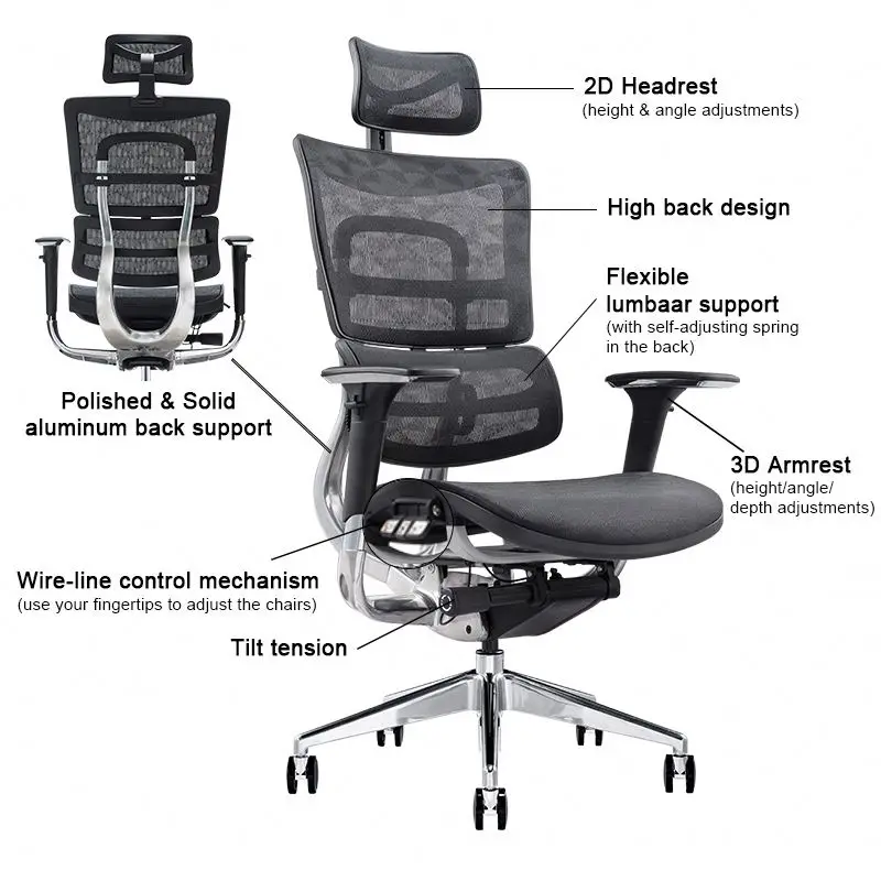 JNS801 Modern Design High Back Solid Aluminum Frame Construction Mesh Ergonomic Office Chair with Lumbar for Boss Use
