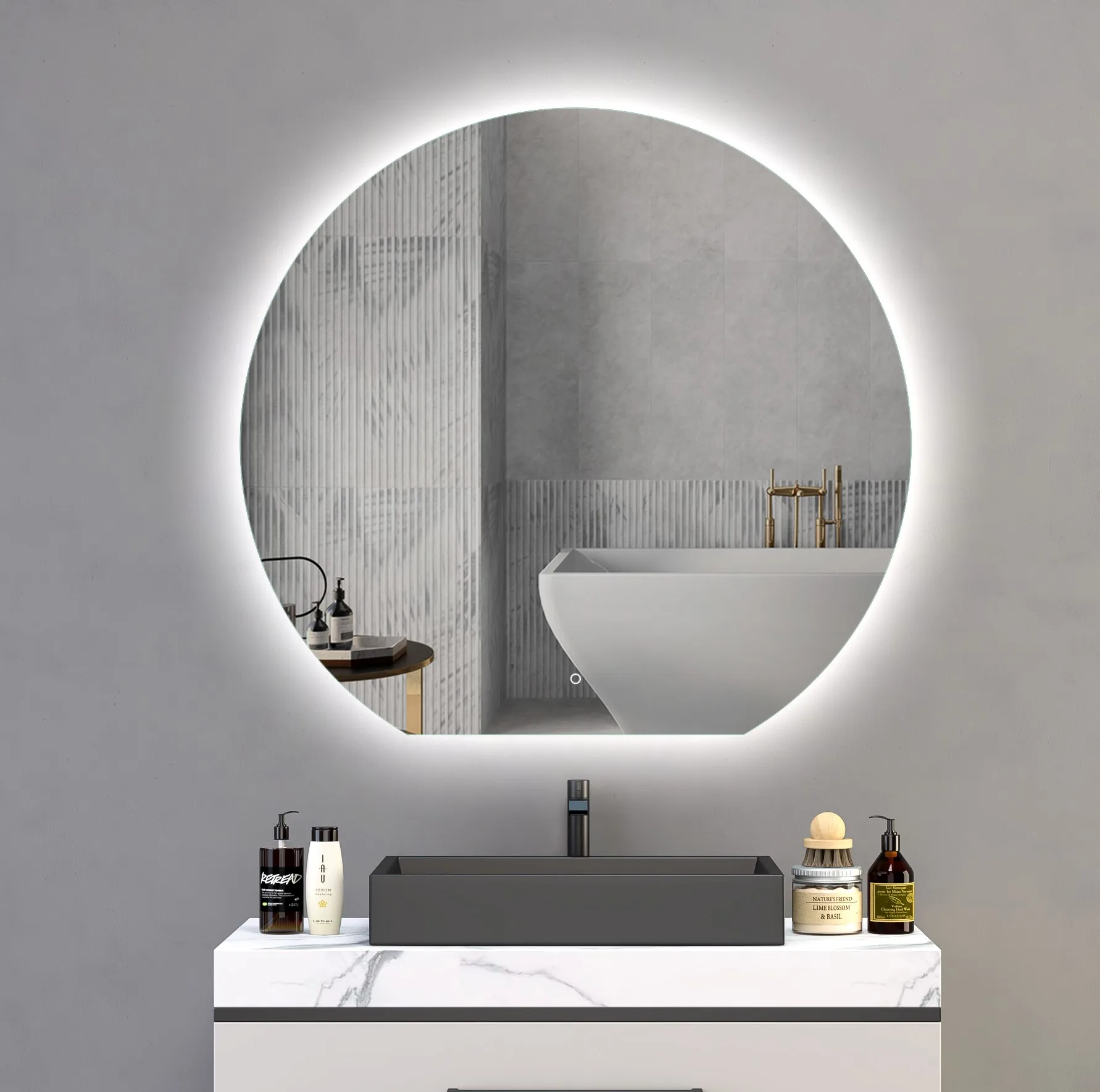 Bathnology Frameless Half moon Hotel Smart LED Mirror with Light Ring Modern Design Defogger for Home Bathroom