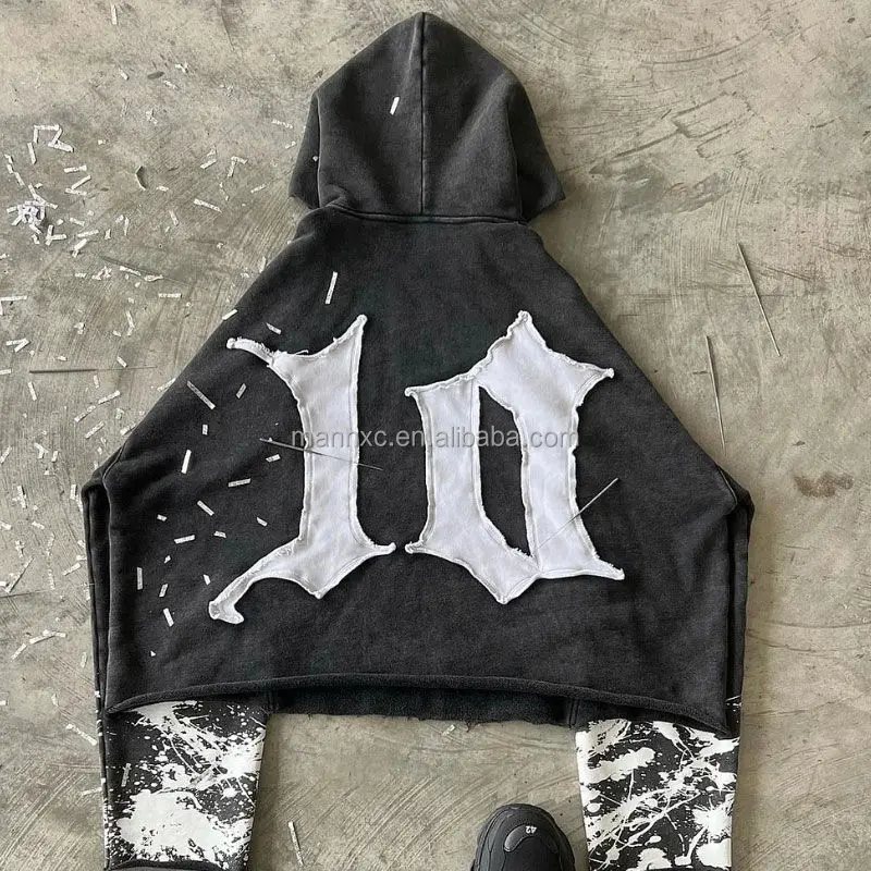 Custom Manufacturer 3d Embroidery Distressed Patch Print Cut and Sew Men Cropped Stone Acid Washed Hoodie and Sweatpants Set