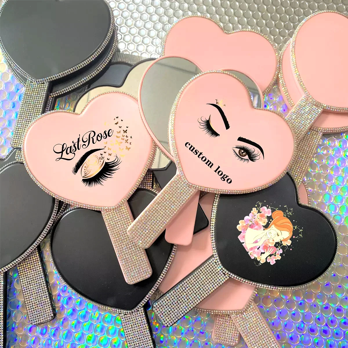 Private label hand held vanity mirrors mini heart and square make up mirror lash mirror with rhinestone