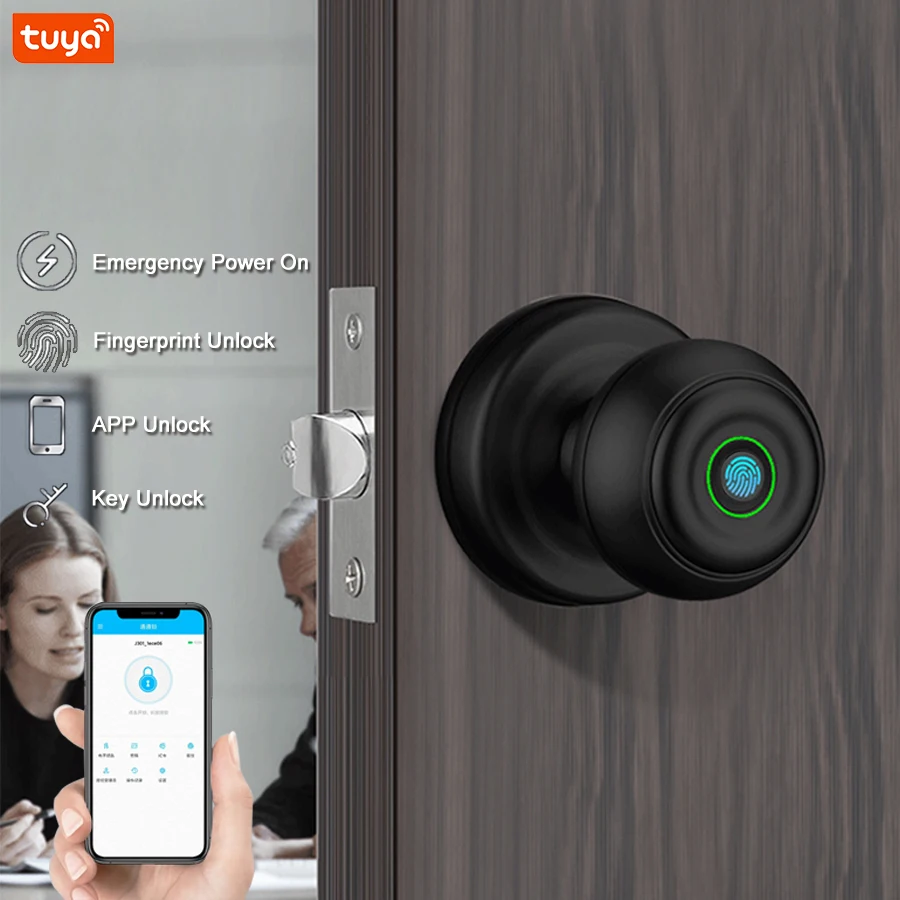 Tuya App Bluetooth Remote Control Black Biometric Fingerprint Intelligent Door Knob Smart Lock with Key For Bedroom