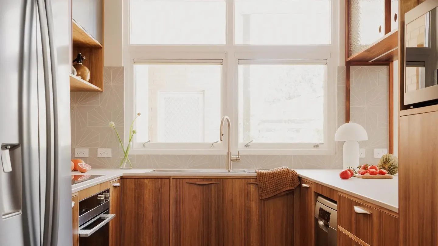 House Renovation Blackwood Veneer Kitchen Cabinet Design Marble Stone Bench Top Kitchen