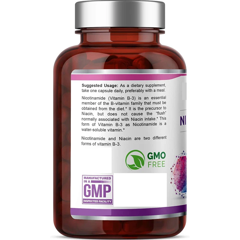 Natural Flush-Free Vitamin Formula 100 Count B3 500mg Nicotinamide Capsules Supports Skin Cell Health