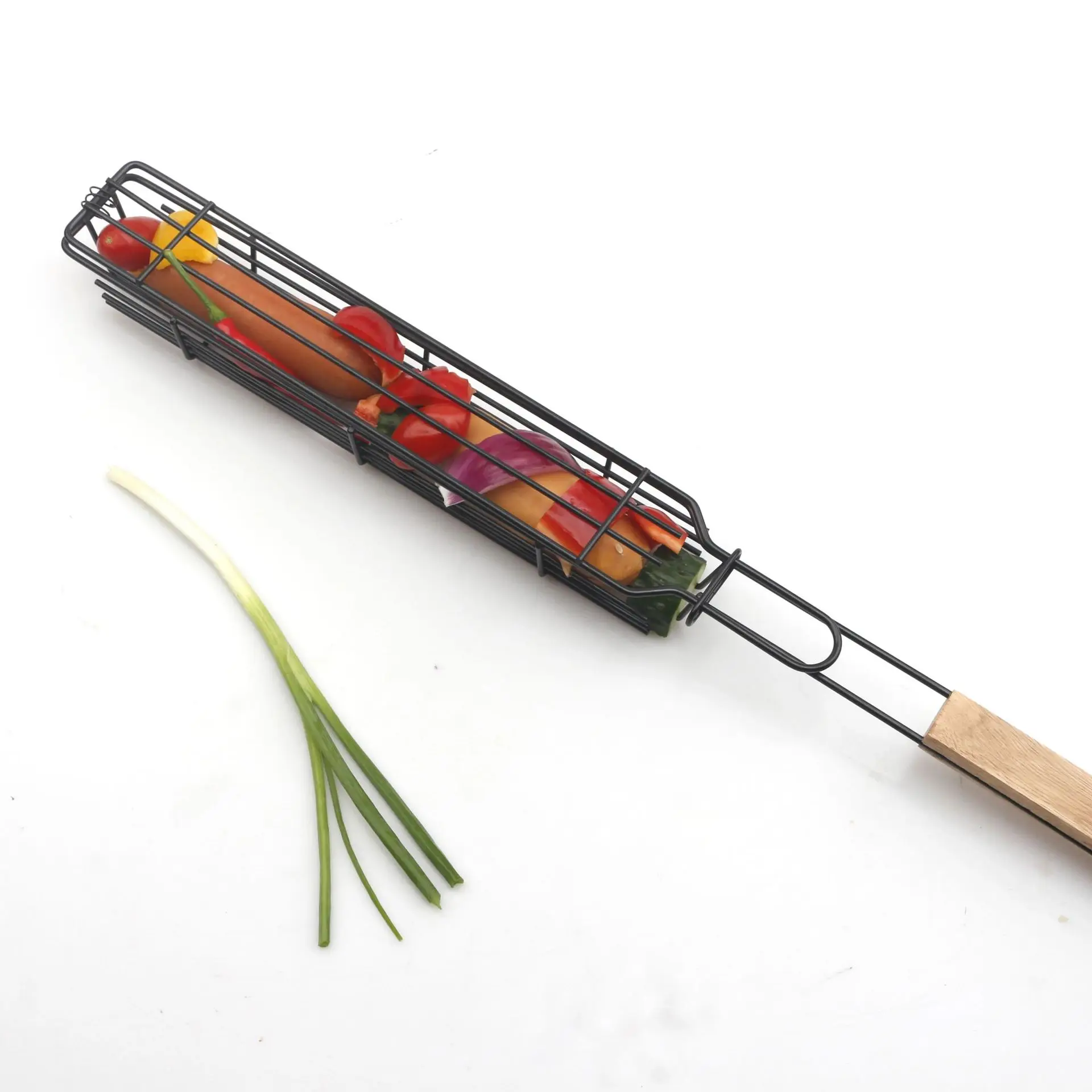 Wooden Handle Stainless Steel Meat and Vegetable Mesh Cleats Barbecue clip Household outdoor BBQ barbecue utensils