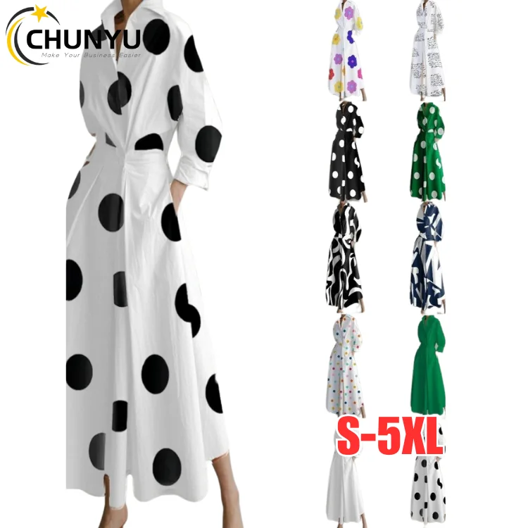 S-2XL Autumn Dress Long Sleeve Dot Print Elegant Maxi Dresses For Women Casual V Neck Shirt Party Long Dress Robe Femme