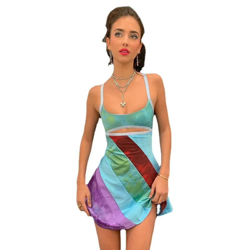 Patchwork Stripe Spaghetti Strap Y2K Dress Summer Front Cut Out Sexy Rave Party Dresses Off Shoulder Robe Femme