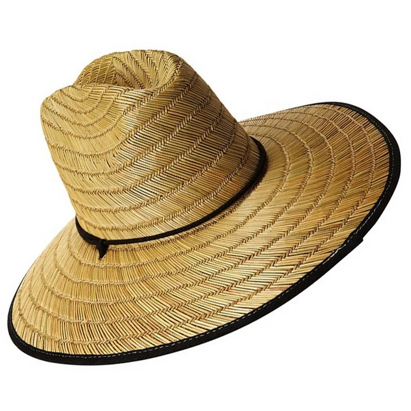 Custom sombrero summer wide brim hand made natural straw lifeguard hat with printed under brim Fabric beach hats