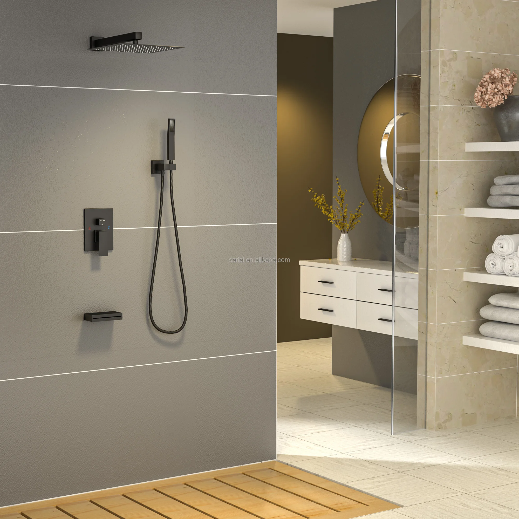 Black All Copper Square Flush Mounted Wall Shower Shower Set Three Function Embedded Shower Faucet