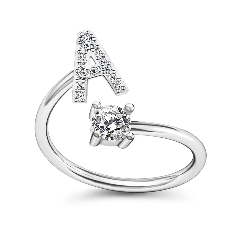 2022 silver Hot Selling Jewelry Ring Womens Ajudstable Size Crystal Rhinestone A-Z 26 Initial Alphabet Letter Ring