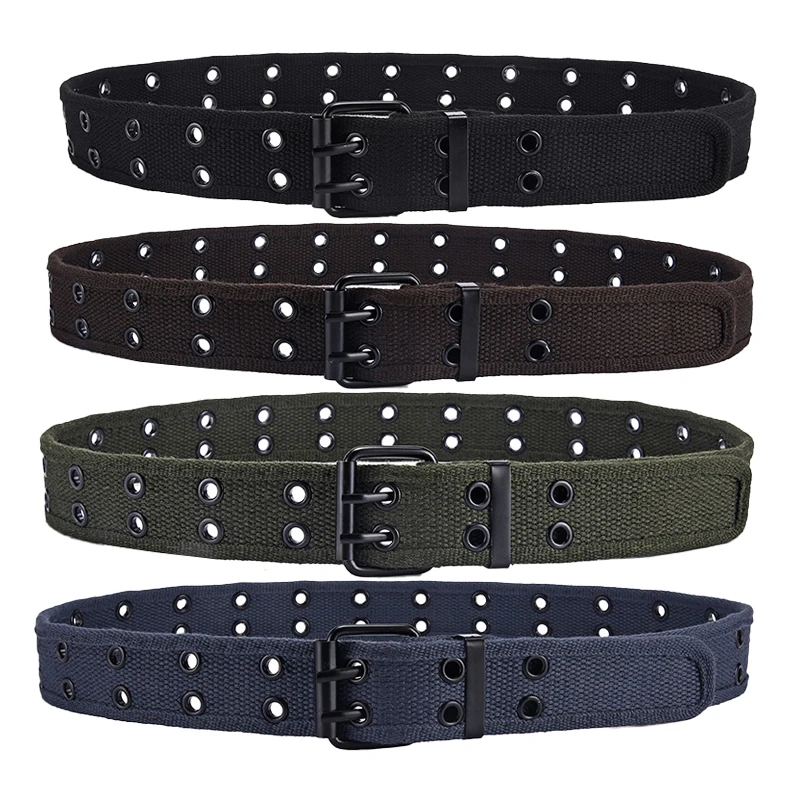 Double Grommet Belt Fabric Punk Aesthetic Belt for Women Men Casual Dark Color Pin Buckle Jeans 2 Hole Belts