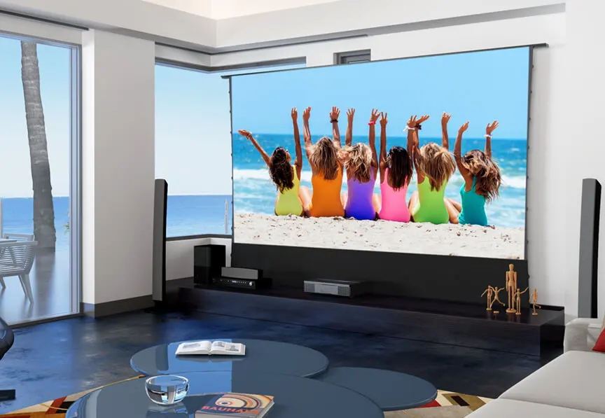 XJK 72-150inch floor rising screen long throw projector ALR grey fabric 4K cinema motorized tab tension screen