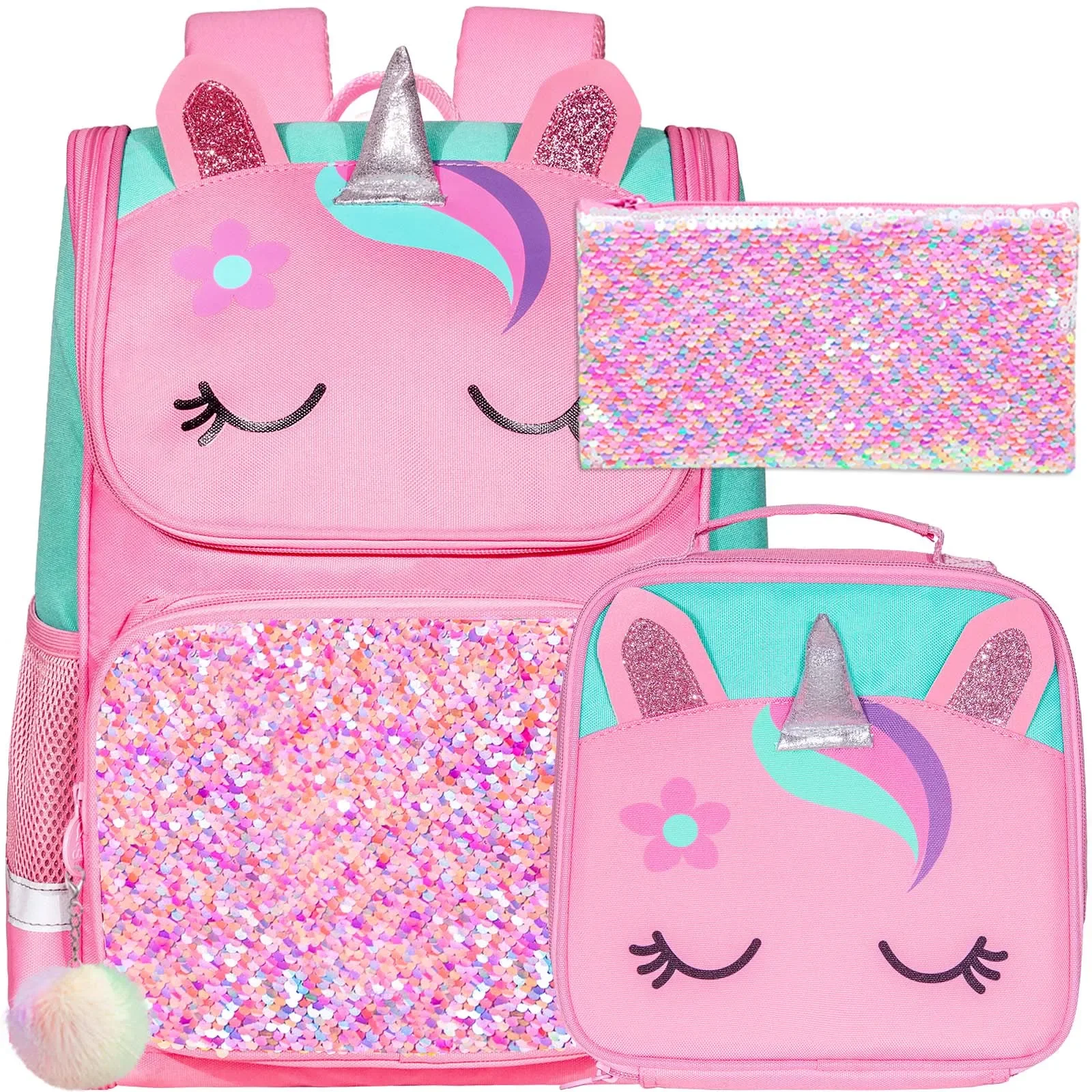 3 шт., рюкзак для девочек, 15-дюймовая сумка с единорогом и пайетками с ланч-боксом, Детская сумка для дошкольного образования для учеников начальной школы-розовая