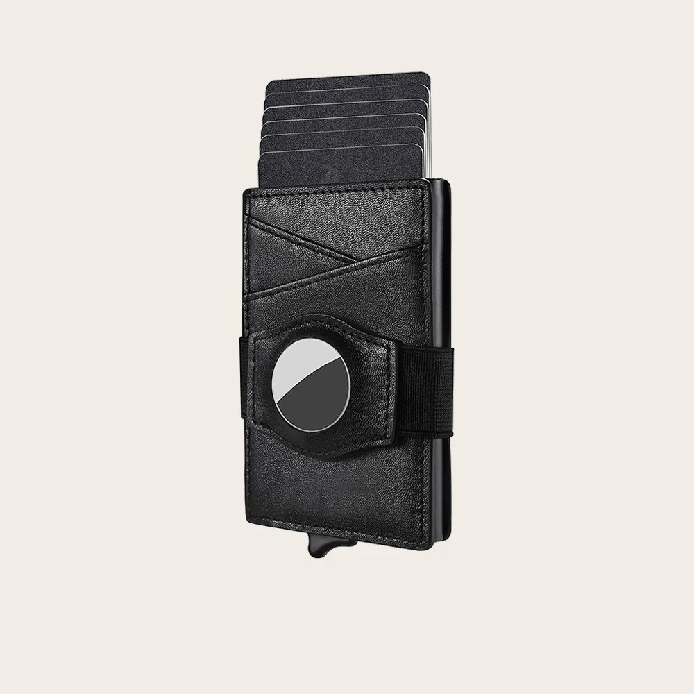 Portable Quick Card Access RFID Blocking Leather Automatic ID Card Holder Wallet With Air tag Holder Metal Card Holder