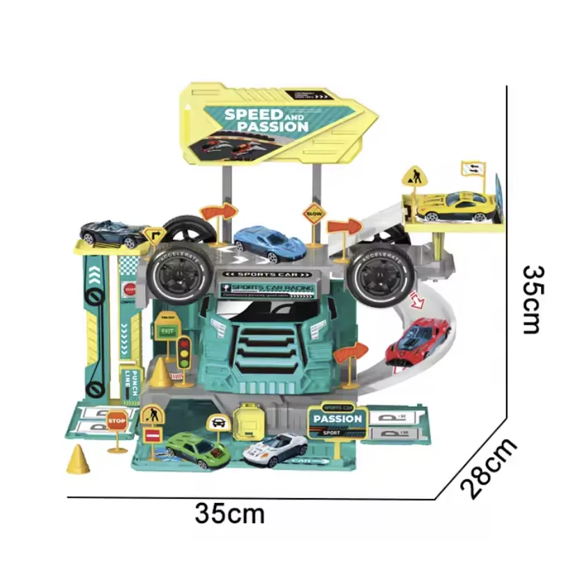 QW 46PCS DIY Kids Children Role Play Game Assembly Track Speed Heavy Truck Alloy Car Plastic Portable Parking Lot Storage Toy