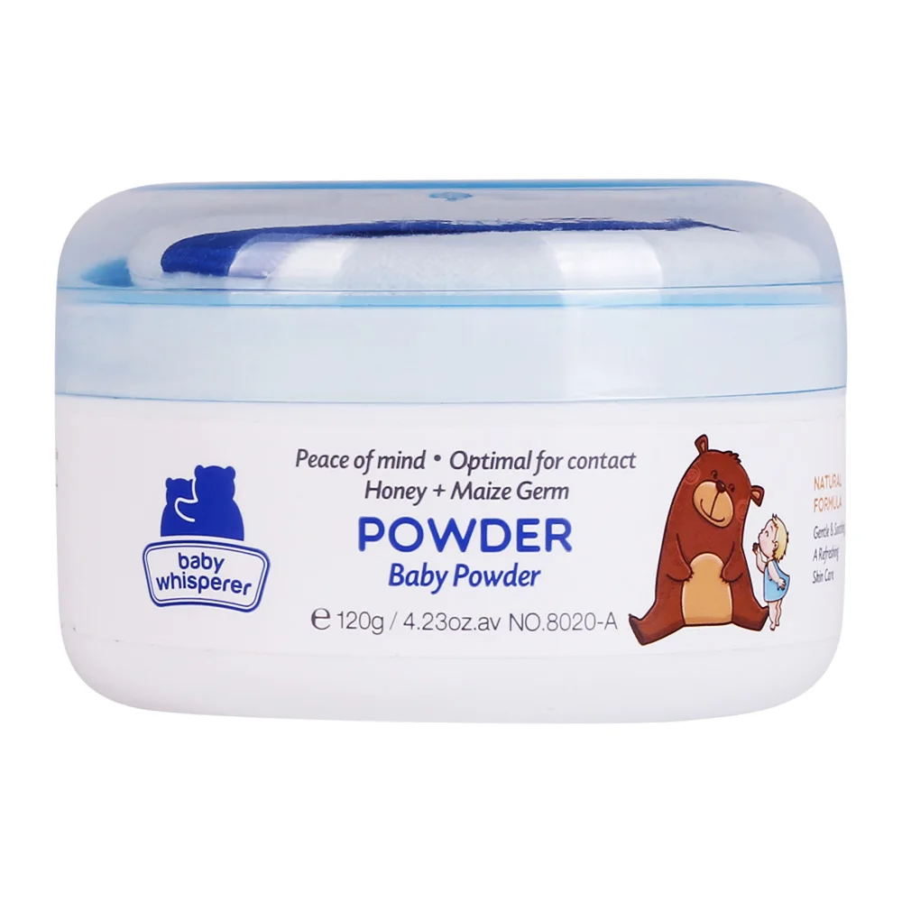 Baby whisperer 120g in bulk OEM Private Label smoothing organic baby talcum powder with puff