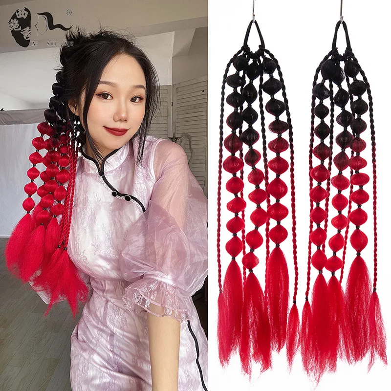 More Color Popular Pink Gradient Crochet Braiding Hair Handmade Synthetic Bubble Braided Hair Ponytail Extension for Cosplay