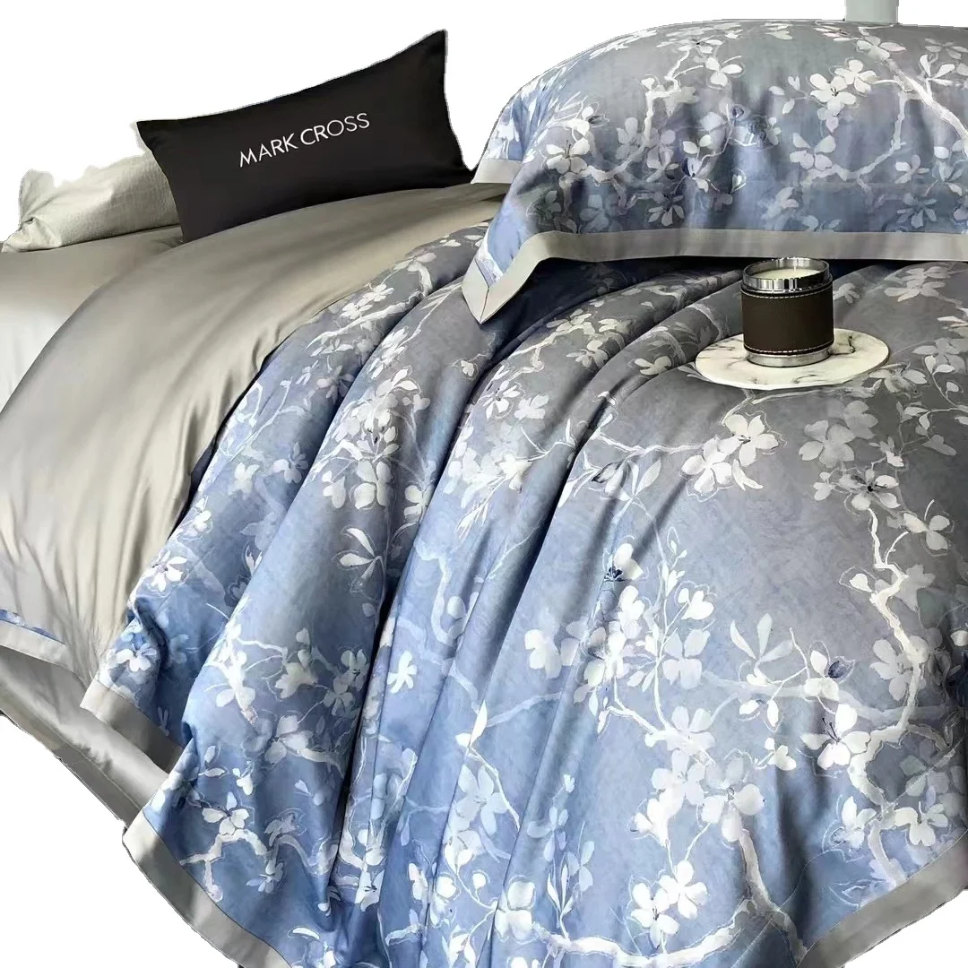 Home Textile Natural Tencel Printed Bedding Set High Quality Elegant Duvet Cover Set 4pcs Lyocell Fiber Wedding Flower Bed Linen