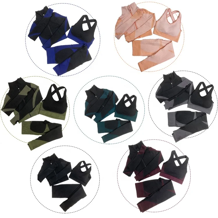 
Women 3 Piece Fitness Sportswear Tracksuit Workout Outfits Set Crop Top Leggings and Sports Bra Seamless Yoga Set With Zipper 
