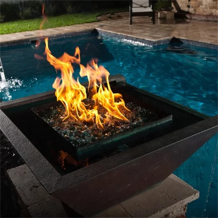 Corten steel fire pit waterfall fire bowl water outdoor pool with ignitor