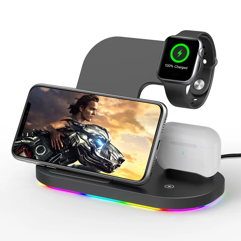 3 в 1 Беспроводное зарядное устройство Подставка станция 15 Вт Беспроводная зарядная док-станция для iPhone для iwatch для AirPods