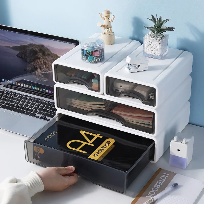 Modern White Plastic Desktop Stationery Storage Box Drawer Stackable Organizers A4 Files Storage for Office Home