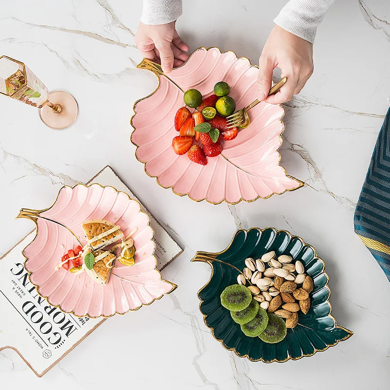 Unique fruit salad dishes leaf shaped ceramic dessert plate gold rim serving plates set for home decor