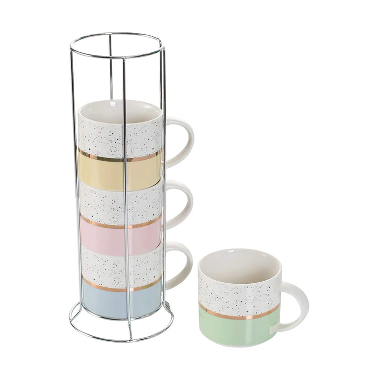 TAOXIN Stackable Coffee Mugs Set of 4 with Metal Stand, 15 Ounce Large Stacking Ceramic Cups with Rack Perfect for Coffee Cocoa