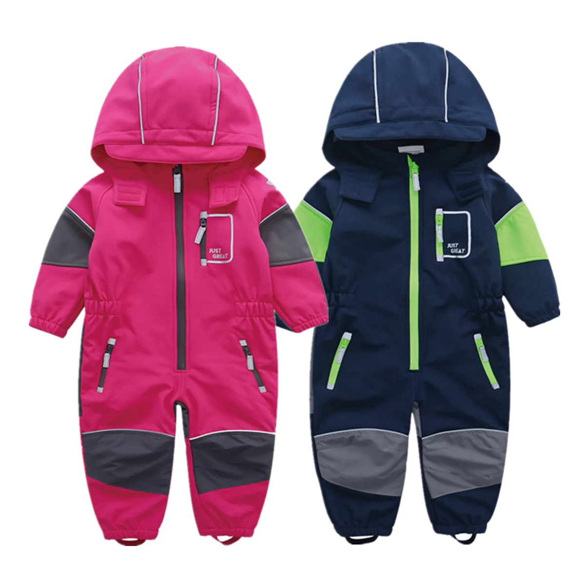 New fashion kids clothing softshell coverall Long sleeve hooded fleece suit functional waterproof jumpsuit
