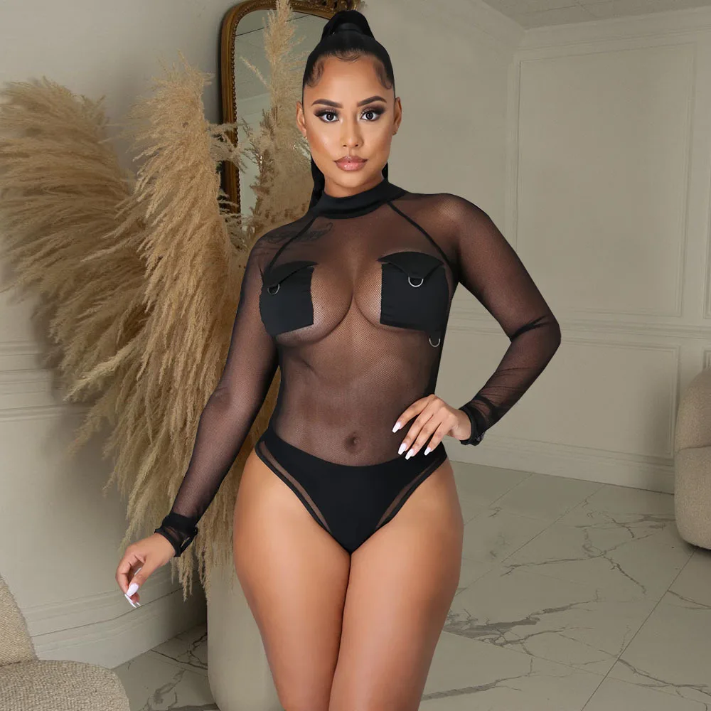 2023 Sexy Mature Nylon Bodysuit With Pocket Mesh Bodysuit De Girl Long Sleeve Adult See Through Romper 	 sheer mesh bodysuit
