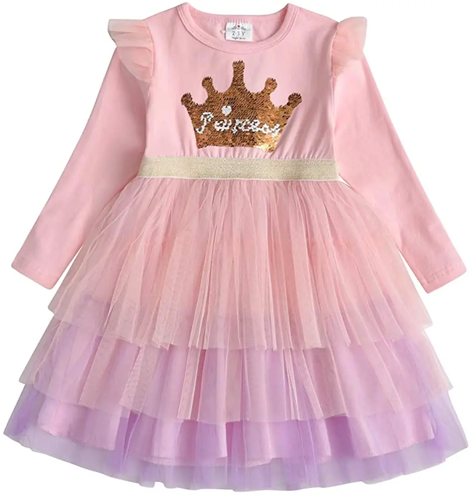 Wholesale Girls Unicorn Dress Princess Children Pink Cotton Print Long Sleeve Princess Birthday Dress for girl of 7 years old