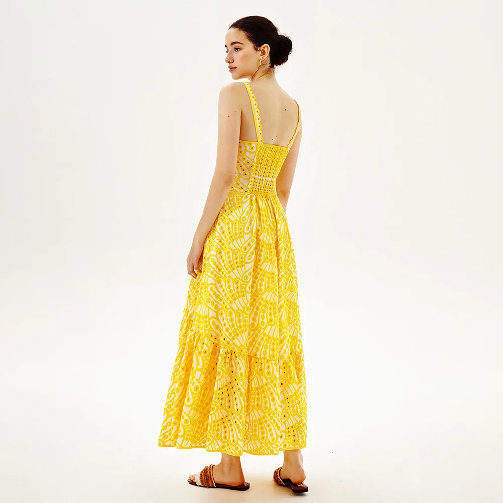 Women Summer Yellow Long Holiday Vacation Maxi Embroidered Dress For Women