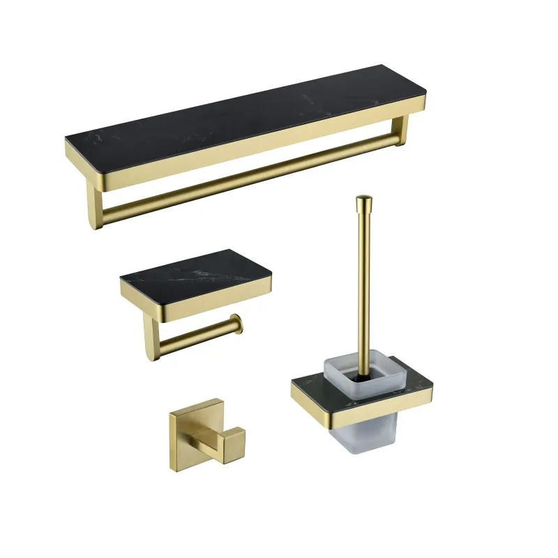Modern gold bathroom accessories set wall mounted stainless steel marble stone toilet paper holder 4 pieces bath hardware set